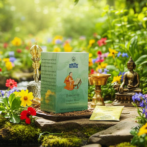 Boîte de médicaments tibétains Sorig entourée de statuettes bouddhistes et fleurs dans un jardin