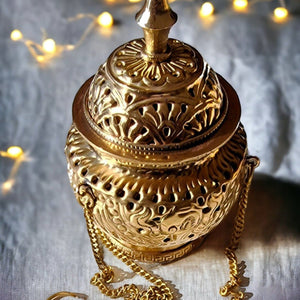 Boutique TIBET | Petit Nalanda BRULEURS Grand Gold | Avec Chaîne pour suspendre 17cm Brûleurs Encens Précieux Vase +🎁