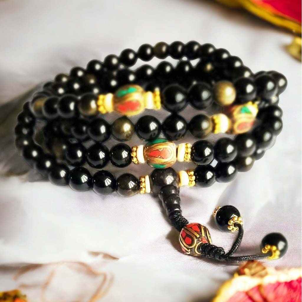 Boutique TIBET | Petit Nalanda COLLIER Perle Guru Onyx Mala Onyx et Perles Métalliques +🎁