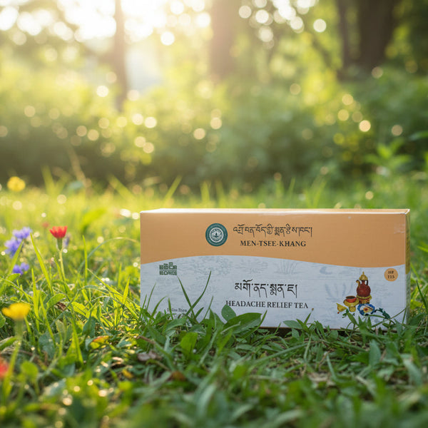 Thé tibétain pour soulager les maux de tête, boîte Men-Tsee-Khang sur l'herbe ensoleillée