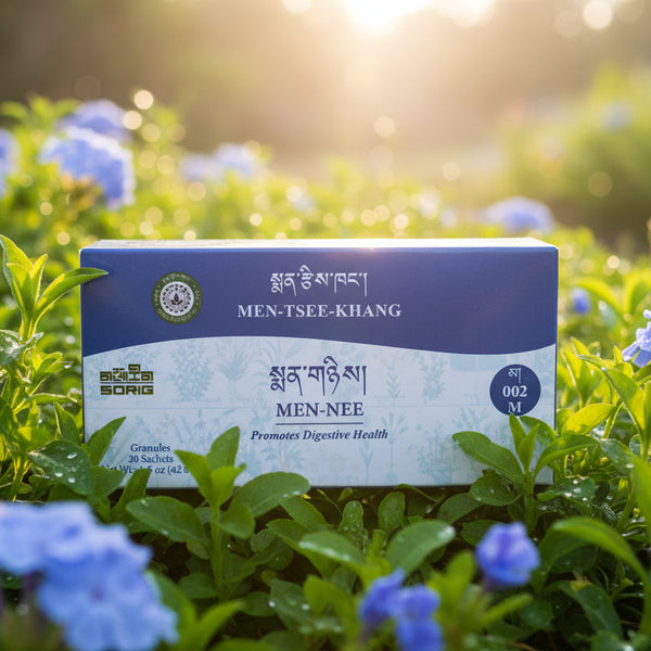 Boîte de granules MEN-TSEE-KHANG pour la santé digestive, produits naturels de médecine tibétaine, entourée de fleurs bleues.