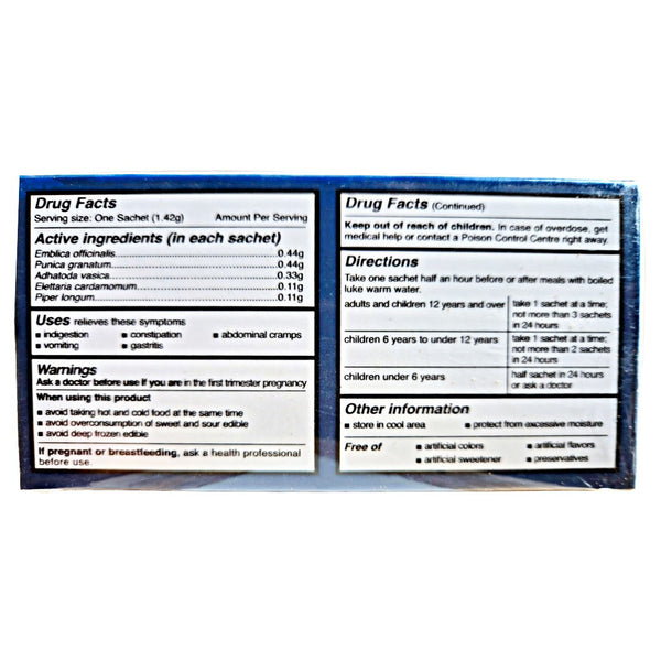Étiquette de produit tibétain naturel avec ingrédients actifs et instructions d'utilisation pour la santé digestive