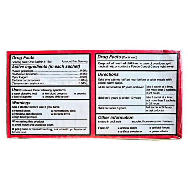 Étiquette de produit tibétain naturel avec ingrédients et instructions d'usage pour la santé et le bien-être