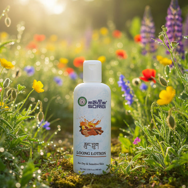 Lotion Loong pour peau sèche et sensible, produits naturels de médecine tibétaine, fleurs sauvages au lever du soleil