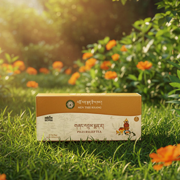Thé tibétain Men Tsee Khang pour soulagement des hémorroïdes, produit naturel de médecine tibétaine, sur l'herbe ensoleillée