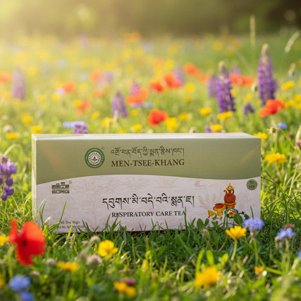 Thé tibétain Men-Tsee-Khang pour soins respiratoires, boîte dans un champ de fleurs colorées